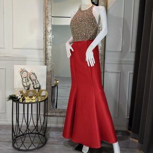 Red Beaded Formal Evening Prom Dress Gown